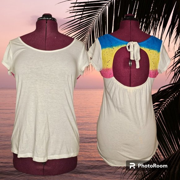 OP Ocean Pacific Peekaboo Tie Back Colorful T-Shirt Summer Junior Size XL EUC - Picture 1 of 4